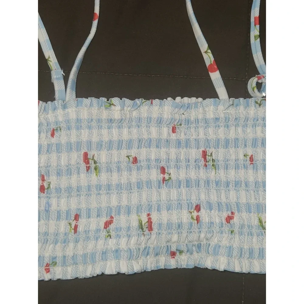 Old Navy two-piece swimsuit blue & white gingham with small cherries Girls Sz 8